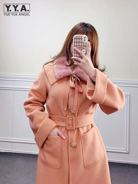 women's wool blends elegant ladies long coat crystal buttons belted mink fur collar double faced en trench women overcoat 230227, Black
women's wool blends elegant ladies long coat crystal buttons belted mink fur collar double faced en trench women overcoat 230227, Black