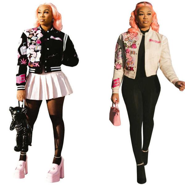 women clothing designer spring casual short style coat women outerwear baseball long sleeve printed streetwear jacket, Black
women clothing designer spring casual short style coat women outerwear baseball long sleeve printed streetwear jacket, Black
