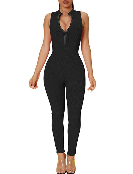 women one piece jumpsuit clubwear outfits sleeveless v neck ribbed knitted zipper bodycon casual rompers, Black;white
women one piece jumpsuit clubwear outfits sleeveless v neck ribbed knitted zipper bodycon casual rompers, Black;white