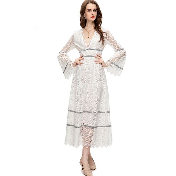 women's runway dresses v neck long flare sleeves embroidery lace fashion elegant vestidos, Black
women's runway dresses v neck long flare sleeves embroidery lace fashion elegant vestidos, Black