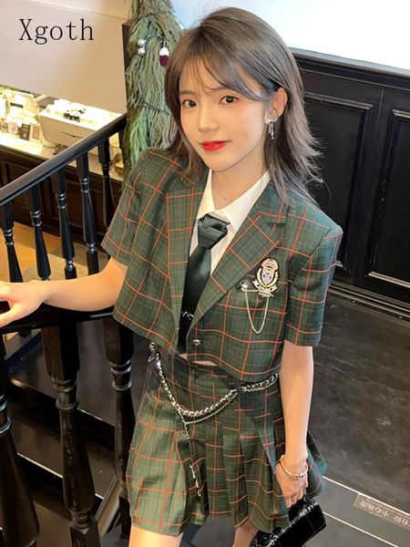 dress xgoth retro plaid preppy suit female summer short sleeve loose jacket + short navel shirt + high waist skirt threepiece sets, White
dress xgoth retro plaid preppy suit female summer short sleeve loose jacket + short navel shirt + high waist skirt threepiece sets, White