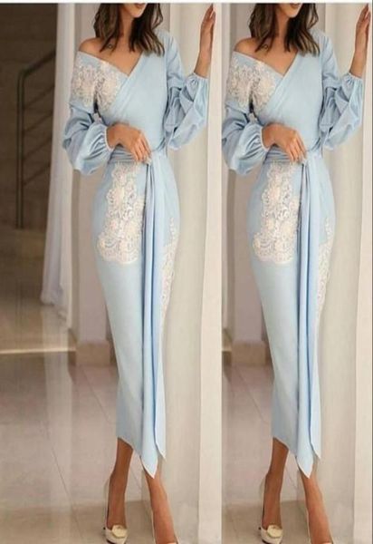 tea length light sky blue mother of the bride dresses off the shoulder evening dresses with long sleeves appliques party gowns pro6527565, Black;red