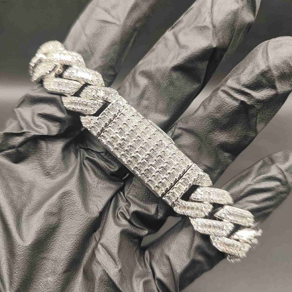 

15mm three rows baguette diamonds 100% 925 silver cuban pass diamond tester necklace vvs moissanite link jewelry