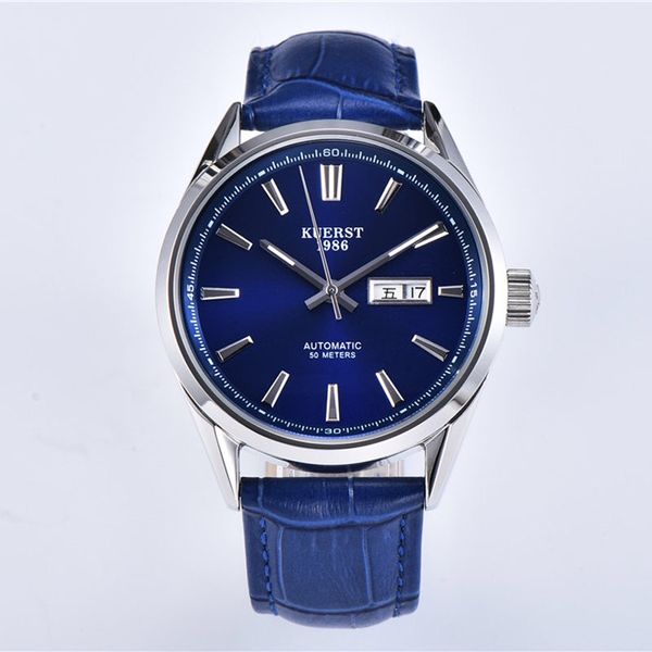 kuerst mens watch day date japan automatic movement blue leather strap casual gentleman wrist watch, Slivery;brown
kuerst mens watch day date japan automatic movement blue leather strap casual gentleman wrist watch, Slivery;brown