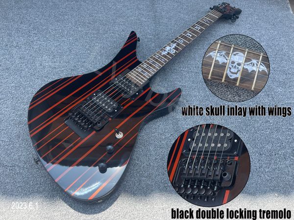 electric guitar solid black with red strip lines hh black open pole pickup with floyd rose style tremolo whie pearl skull inlay
electric guitar solid black with red strip lines hh black open pole pickup with floyd rose style tremolo whie pearl skull inlay