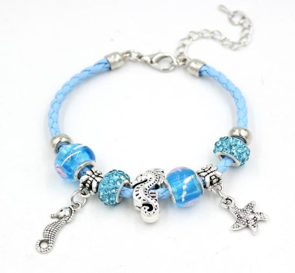 new arrival lampwork bead bracelet light blue leather rope with sealife starfish sea horse charm bracelets for women jewelry gift 8017056, Golden;silver
new arrival lampwork bead bracelet light blue leather rope with sealife starfish sea horse charm bracelets for women jewelry gift 8017056, Golden;silver