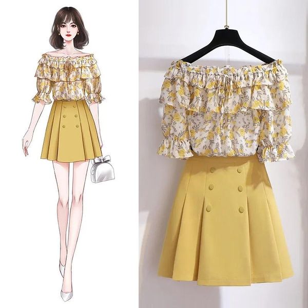 dress halflength skirt suit women's plus size summer flared sleeves oneshoulder floral chiffon shirt pleated skirt twopiece set, White
dress halflength skirt suit women's plus size summer flared sleeves oneshoulder floral chiffon shirt pleated skirt twopiece set, White