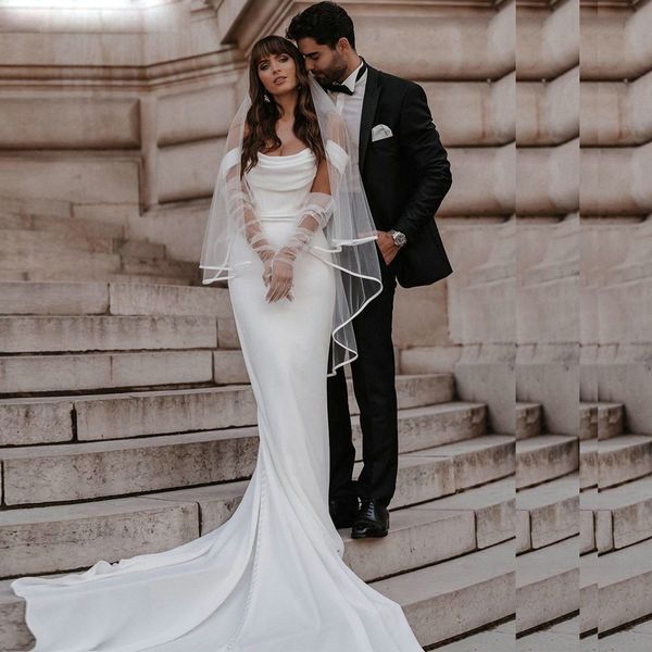 modern off the shoulder mermaid bridal dresses draped neck garden wedding gowns sweep train button satin robe de mariee, White
modern off the shoulder mermaid bridal dresses draped neck garden wedding gowns sweep train button satin robe de mariee, White