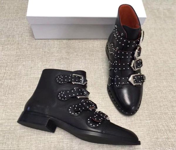 women shoes buckled ankle boots in calfskin leather with studs four studded straps metal buckles silver studs paris boots8588306, Black