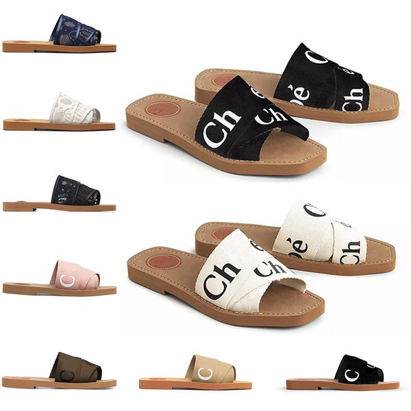 designer woody sandals for women mules flat slides light tan beige white black pink lace lettering fabric canvas slippers womens summer trai