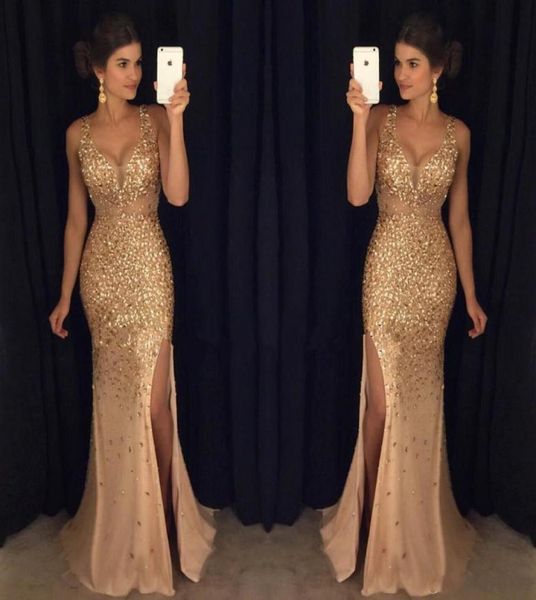bling new gold mermaid evening dresses wear v neck crystal beading side split tulle illusion sheer party evening gowns prom d6051016, Black;red
bling new gold mermaid evening dresses wear v neck crystal beading side split tulle illusion sheer party evening gowns prom d6051016, Black;red