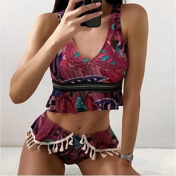 2023 new summer women's 2pcs boho swimsuit bikini set retro printed v-neck padded swimsuits with tassels beachwear bathing suit, White
2023 new summer women's 2pcs boho swimsuit bikini set retro printed v-neck padded swimsuits with tassels beachwear bathing suit, White
