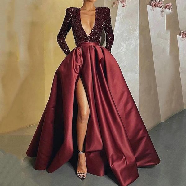 classic burgundy sequined a line evening dresses with pockets long sleeves simple elegant satin prom dress for women side split v neck speci, Black;red
classic burgundy sequined a line evening dresses with pockets long sleeves simple elegant satin prom dress for women side split v neck speci, Black;red