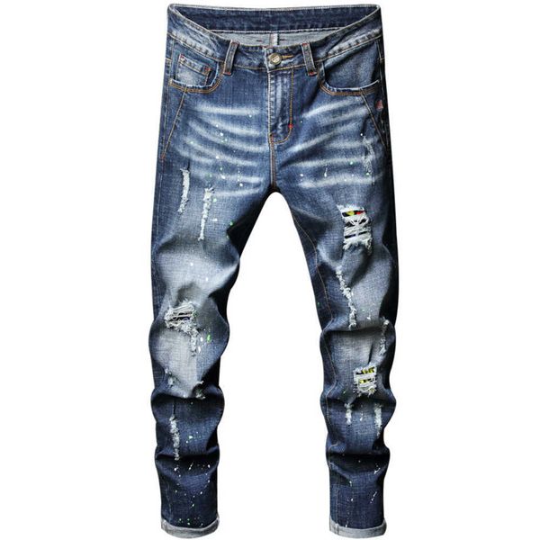 men's designer jeans with worn holes straight leg pants patch fabric washed denim men's pants{category}, Blue
men's designer jeans with worn holes straight leg pants patch fabric washed denim men's pants{category}, Blue