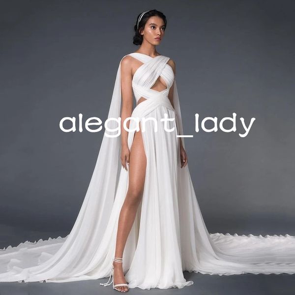 pleated chiffon grace greek wedding dresses with ribbon 2023 summer beach sweep train boho bridal gown, White
