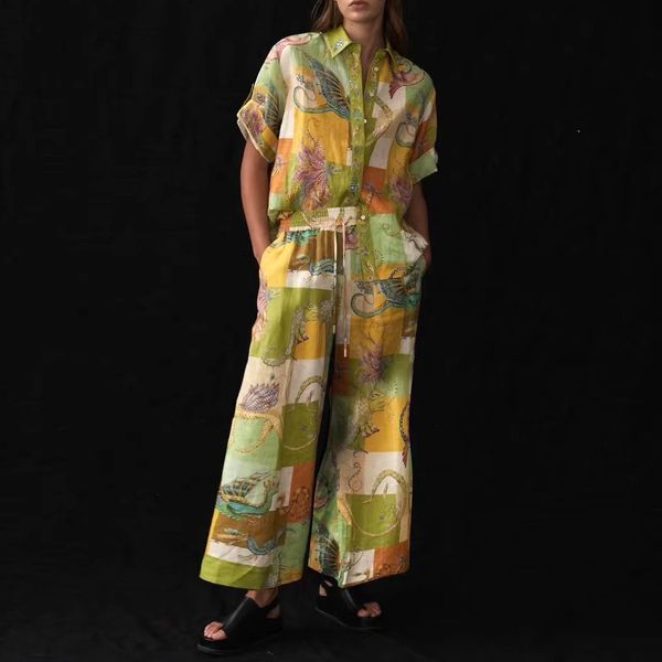 australian designer women's linen pants short sleeve linen shirt vivid pattern prined two-piece set, White
australian designer women's linen pants short sleeve linen shirt vivid pattern prined two-piece set, White