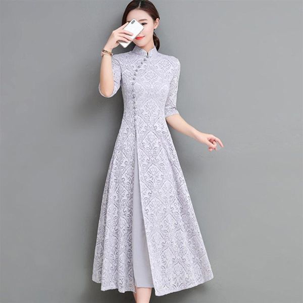 dresses lace qipao dress modern elegant 2021 new retro chinese style temperament fashion slim high slit dress women long vestidos zh462, Black;gray
dresses lace qipao dress modern elegant 2021 new retro chinese style temperament fashion slim high slit dress women long vestidos zh462, Black;gray