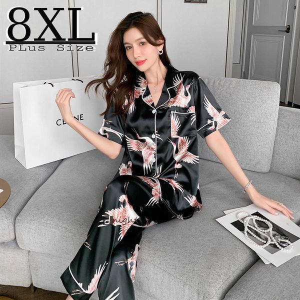 pyjamas 2-piece set 8xl oversized satin silk sleepwear pajamas for women summer short sleeves trouser suits pijama lingerie nightwear j23060, Red;black
pyjamas 2-piece set 8xl oversized satin silk sleepwear pajamas for women summer short sleeves trouser suits pijama lingerie nightwear j23060, Red;black