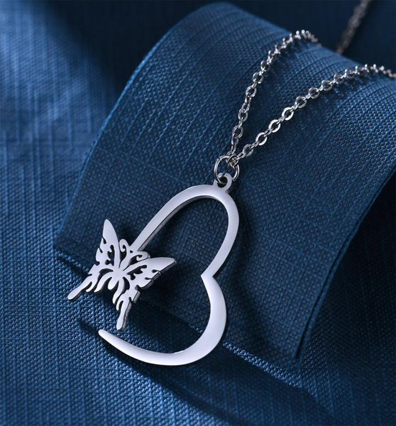 stainless steel heart butterfly necklace pendants hollow for women fashion jewelry will and sandy gift2057146, Silver