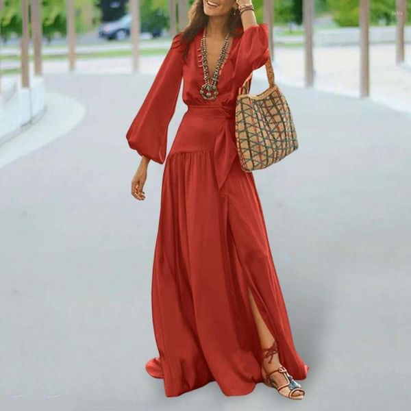 

Casual Dresses Women Dress Beach Deep V-neck Flared Sleeves Loose-fitting Lady Washable Summer Party with Belt, Orange