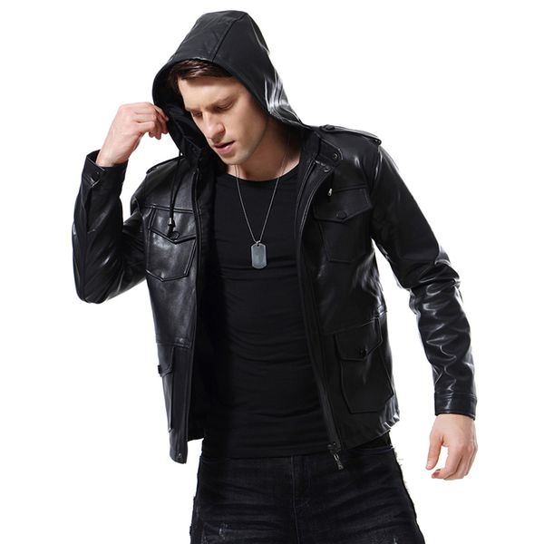 

Europen size biker hooed detachable zipper black leather jacket men