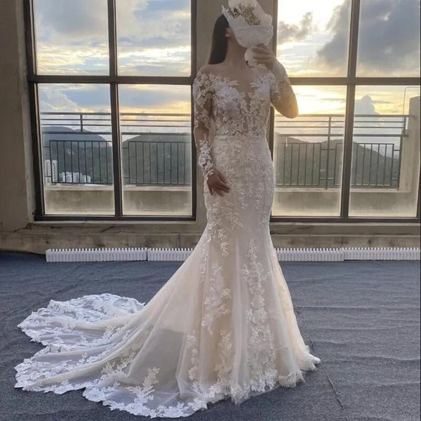 mermaid boho wedding dresses with illusion long sleeve lace applique sheer o-neck trumpet church garden bridal gown robe de mariee, White
mermaid boho wedding dresses with illusion long sleeve lace applique sheer o-neck trumpet church garden bridal gown robe de mariee, White