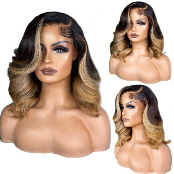

Brazilian Highlight Honey Blonde Body Wave Short Bob Wig Glueless Ombre Simulation Human Hair 360 Full Lace Front Wigs for Women, Ombre color like picture show