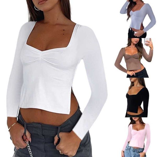 solid color square neck shirt long sleeves pleated t-shirt female sides split bodycon blouses for summer, White
solid color square neck shirt long sleeves pleated t-shirt female sides split bodycon blouses for summer, White
