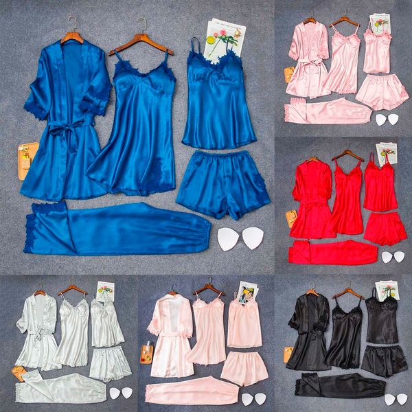 pyjamas female 5pcs sleepwear set satin lace pajamas camisole nightdress pants shorts robe suit for solid home nightwear pijama feminino j23, Red;black
pyjamas female 5pcs sleepwear set satin lace pajamas camisole nightdress pants shorts robe suit for solid home nightwear pijama feminino j23, Red;black
