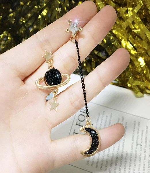 s925 silver needle creative personality star moon asymmetric black planet long stud earrings1001738, Golden 
s925 silver needle creative personality star moon asymmetric black planet long stud earrings1001738, Golden