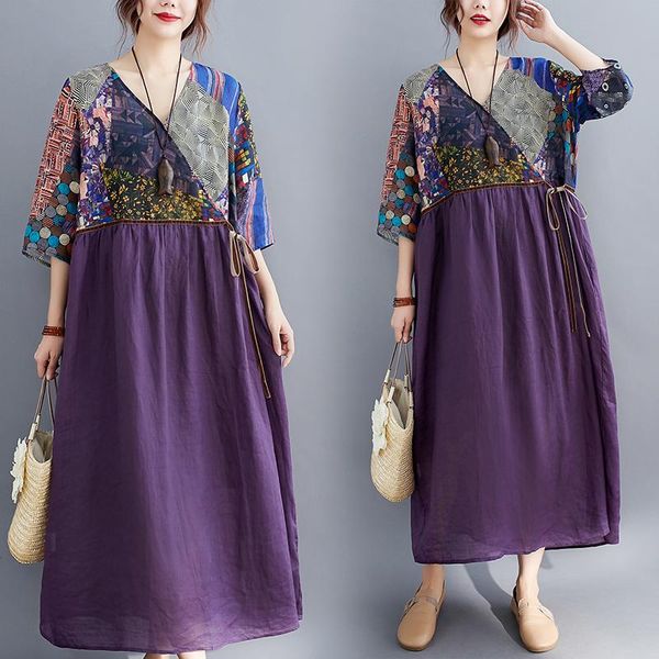 dresses summer women's dress traditional vintage patchwork printed purple loose vneck comfort drawstring literature and art vestidos, Black;gray
dresses summer women's dress traditional vintage patchwork printed purple loose vneck comfort drawstring literature and art vestidos, Black;gray