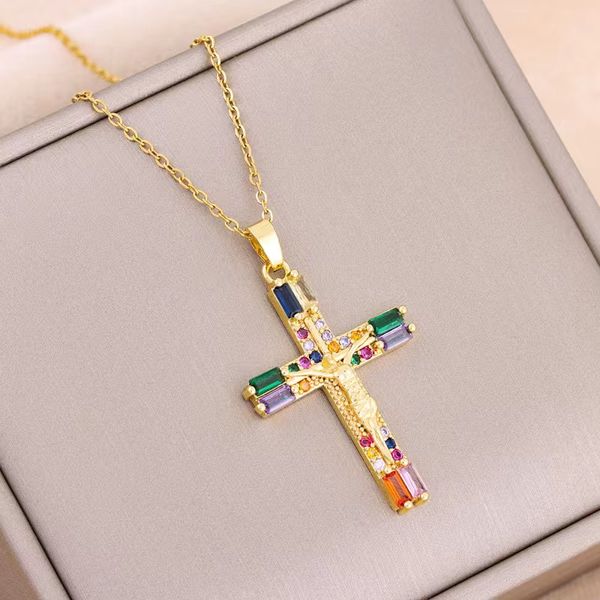 colorful zircon vintage bohemian style christ cross shape titanium steel fashion stainless steel necklace, Silver
colorful zircon vintage bohemian style christ cross shape titanium steel fashion stainless steel necklace, Silver