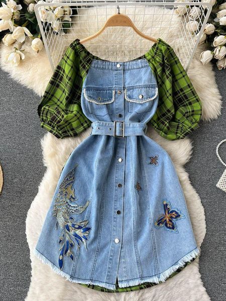 dresses new spring summer fashion plaid patchwork denim dress women off the shoulder puff sleeve butterfly embroidery belt party vestido, Black;gray
dresses new spring summer fashion plaid patchwork denim dress women off the shoulder puff sleeve butterfly embroidery belt party vestido, Black;gray