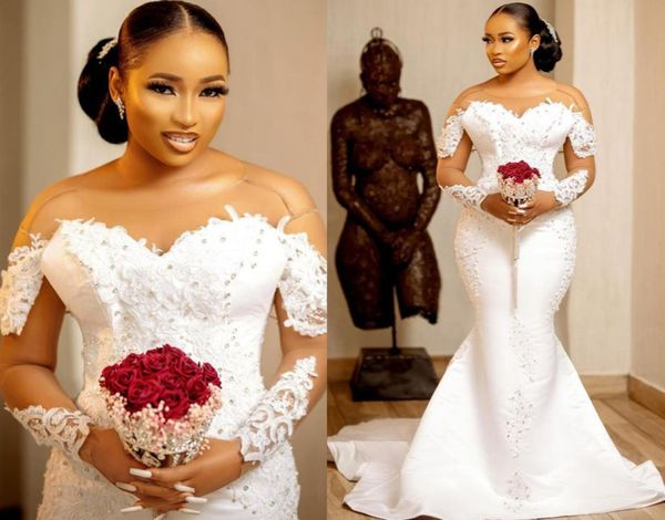 2021 plus size arabic aso ebi mermaid lace beaded wedding dress sheer neck long sleeves satin vintage bridal dresses gowns zj2201713, White
2021 plus size arabic aso ebi mermaid lace beaded wedding dress sheer neck long sleeves satin vintage bridal dresses gowns zj2201713, White