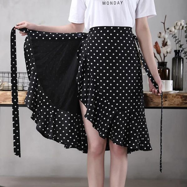 dresses polka dot ripple chiffon skirt summer women's wrap skirt high waist mermaid skirt onepiece irregular ruffled laceup skirt, Black;gray 
dresses polka dot ripple chiffon skirt summer women's wrap skirt high waist mermaid skirt onepiece irregular ruffled laceup skirt, Black;gray