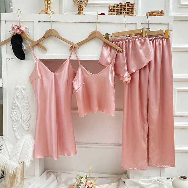 pyjamas summer autumn solid color 4pcs satin pajamas set sleepwear ladies nightwear j230601, Red;black 
pyjamas summer autumn solid color 4pcs satin pajamas set sleepwear ladies nightwear j230601, Red;black