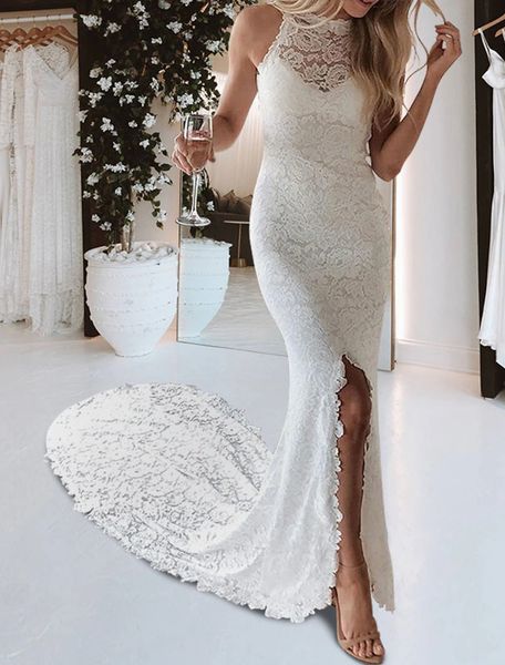 beach open back boho wedding dress halter sleeveless split front chapel train lace bridal party gown custom made vestidos de noiva, White
beach open back boho wedding dress halter sleeveless split front chapel train lace bridal party gown custom made vestidos de noiva, White