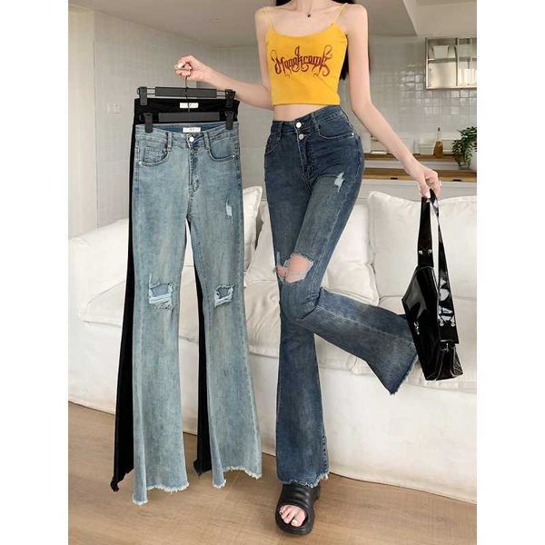 high waisted thin distressed flared jeans for women in the summer of 2023 elastic and slim fitting with a slight pull and wide leg trend, Blue
high waisted thin distressed flared jeans for women in the summer of 2023 elastic and slim fitting with a slight pull and wide leg trend, Blue