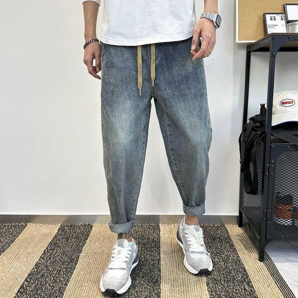 23 summer pants men's jeans loose harlem pants elastic waist radish pants wide leg crop feet pants trend, Blue
23 summer pants men's jeans loose harlem pants elastic waist radish pants wide leg crop feet pants trend, Blue