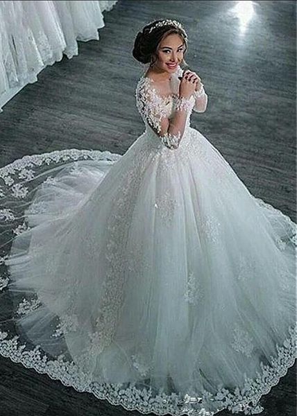 amazing tulle sheer long sleeves jewel neckline ball gown wedding dresses with beaded lace appliques bridal gowns, White
amazing tulle sheer long sleeves jewel neckline ball gown wedding dresses with beaded lace appliques bridal gowns, White