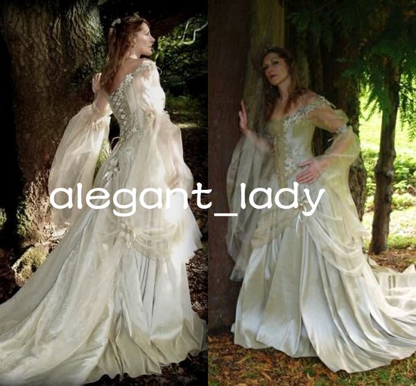 vintage ivory champagne medieval wedding dresses with long sleeve victorial bustle lace-up corset fairy tale bridal gown, White
vintage ivory champagne medieval wedding dresses with long sleeve victorial bustle lace-up corset fairy tale bridal gown, White