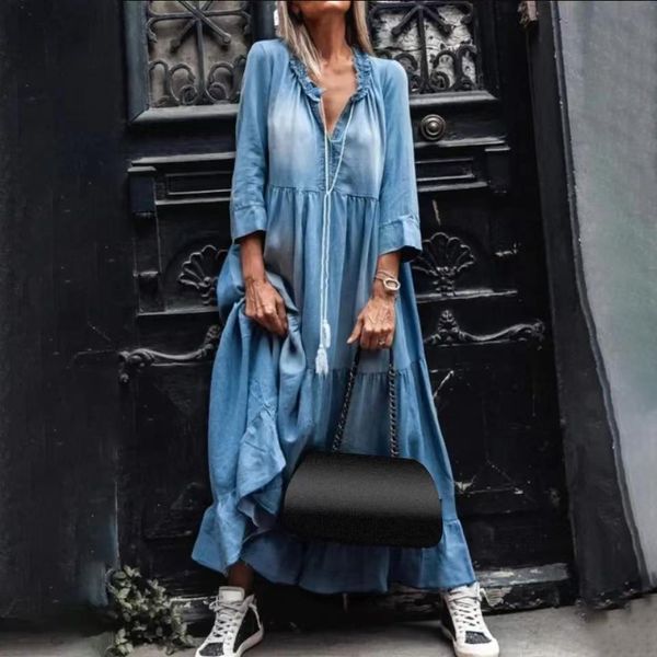 dresses 3/4 sleeve loose women denim dress tassel vintage v neck dress apparel summer lace large hem maxi denim dress, Black;gray
dresses 3/4 sleeve loose women denim dress tassel vintage v neck dress apparel summer lace large hem maxi denim dress, Black;gray