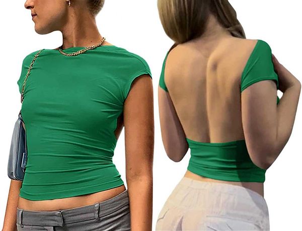 backless women short sleeve slim fit crewneck tshirts yk crop solid casual vintage summer autumn fashion tsf, White
backless women short sleeve slim fit crewneck tshirts yk crop solid casual vintage summer autumn fashion tsf, White