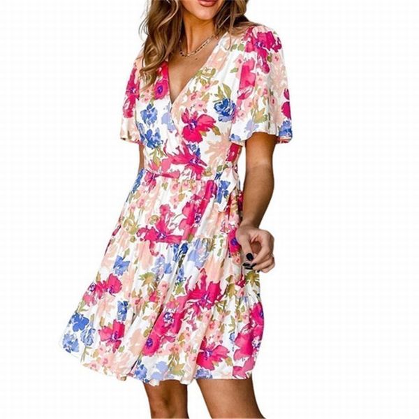 sweet floral dress wrap v neck skater mini dress summer dress women, White