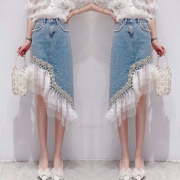 dresses women's denim skirt summer korean fashion heavy industry bead lace lace splicing irregular hem skirt designer new, Black;gray
dresses women's denim skirt summer korean fashion heavy industry bead lace lace splicing irregular hem skirt designer new, Black;gray