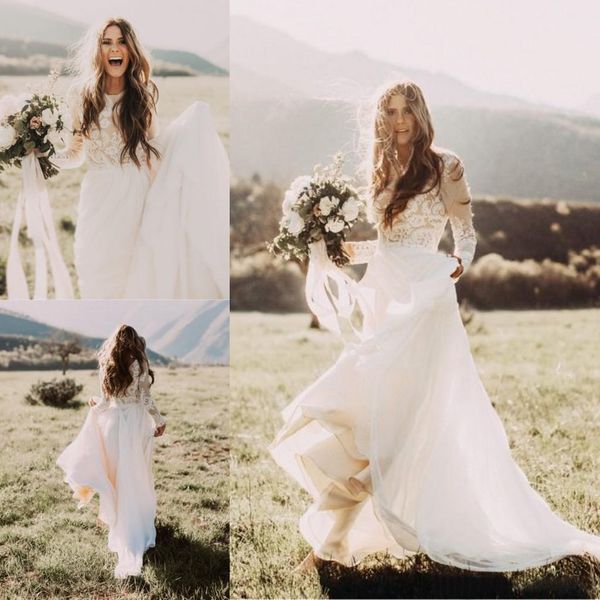 2023 bohemian beach lace wedding dresses with sheer long sleeves bateau neck a line appliqued chiffon boho bridal gowns, White
2023 bohemian beach lace wedding dresses with sheer long sleeves bateau neck a line appliqued chiffon boho bridal gowns, White