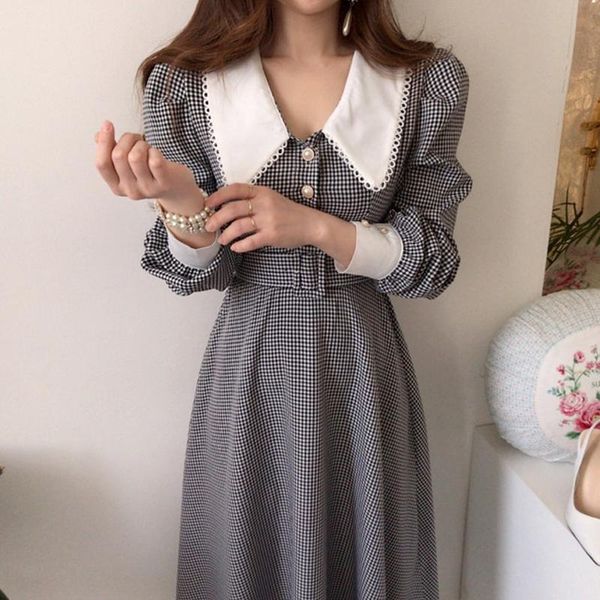 dresses vintage lace plaid chic puff sleeve woman dresses women korean temperament office lady lapel robe slim waist long sleeve dress, Black;gray
dresses vintage lace plaid chic puff sleeve woman dresses women korean temperament office lady lapel robe slim waist long sleeve dress, Black;gray