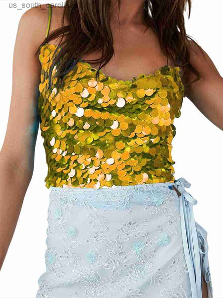 

camis women s sleeveless sparkle sequin cami crop y2k glitter backless tie-up crop camisole rave party vests tank l230522, White