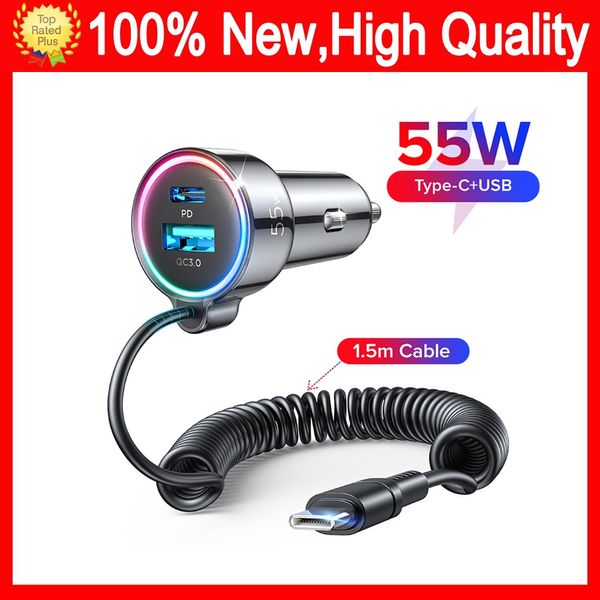Image of USB C Car Charger, 55W 3-Fast Port Super Fast Car Charger PD& QC3.0 with 1.5m 30W Super Fast Type C Coiled Cable for Samsung Car-Charge Car-Charger Quick Car Charging Free ship