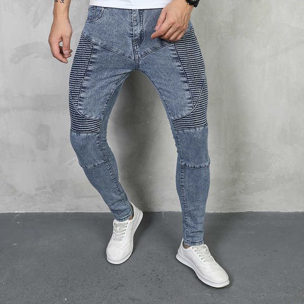 men's jeans elastic tight fashion motorcycle pants pleated slim fit junior feet pants, Blue
men's jeans elastic tight fashion motorcycle pants pleated slim fit junior feet pants, Blue